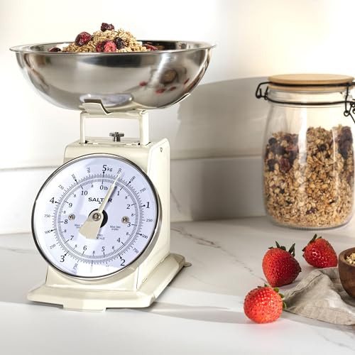 Salter SA00562BFEU12 Timeless Mechanical Kitchen Scale - 5kg Capacity, 1 Litre Dishwasher Safe Bowl, Classic Design, Easy to Read Large Digit Dial, 22cm, Cream