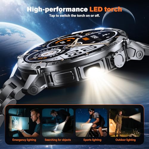 Reloj Inteligente Hombre Militar con Batería 1000 mAh y Linterna LED, 1.7” Smartwatch Hombre con Llamadas Bluetooth Pulsómetro SpO2 Monitor de Sueño 110+ Modos Deportivos Android iOS (Acero Negro)