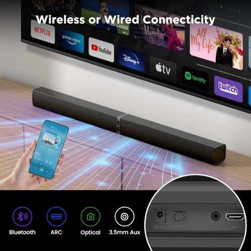 HoYLluDLL Soundbar for TV，80W 2-in-1 Detachable Sound Bar with 3 EQ Modes& Auto Volume Boost, Bluetooth 5.3/ARC/Optical/AUX, Home Theater Audio System for TV/PC/Laptop/Game Console, Black,1 Pcs