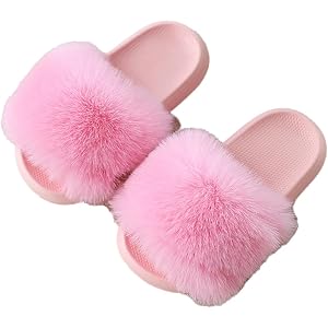 Bagkeak Toddler Slippers for Girls Fuzzy House Shoes Outdoor Casual Warm Walking Shoes Open Toe Plush Slip-on Sandals