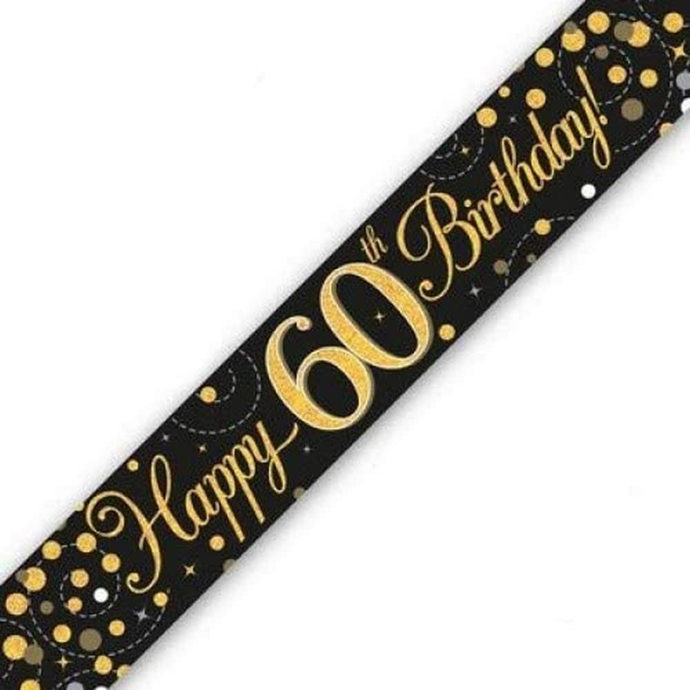 9ft Banner Sparkling Fizz 60th Birthday Black & Gold Holographic