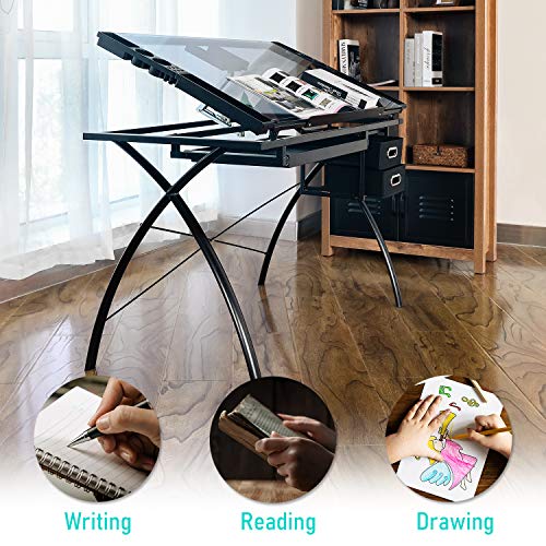 BAHOM Adjustable Drafting Table Glass Top, Art Drawing Craft Desk with 2 Drawers, Perfect for Artwork and Design, Black - Thumbnail 6
