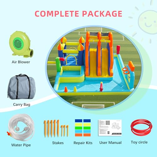 HIJOFUN Blow Up Water Slides Two Long Slides Jumping Bouncy Castle for Kids Outdoor Inflatable Bounce House with 680W Blower for Kids Backyard
