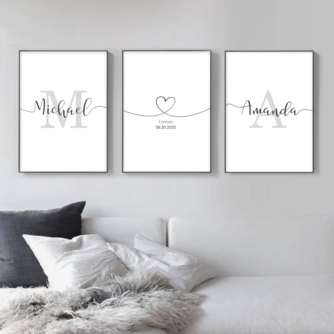 Wall Décor - Set Of 3 Wall Art Decor, Custom Couples Sign Initials Name and Date Print Pictures Unframed, Wall Decorations for Home Living Room Master Bedroom Bathroom, Above Bed Artwork, Engagement & Wedding Gifts