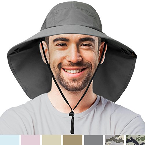 Premium Outdoor Sun Hat for Men, Women | Sun Protection Hat for Hiking, Fishing, Safari | Grey Wide Brim Cap with Neck Flap and Adjustable Chin Cord, UPF 50+ | Foldable, Breathable (Gray)