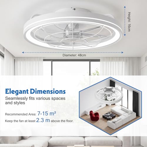 Ceiling Fan with Lighting, Dimmable Ceiling Light with Fan Quiet, Diameter 48 cm, 6 Levels, 3000-6500 K, Remote Control & App, Timer, Ceiling Fan Light for Bedroom, Living Room (White)
