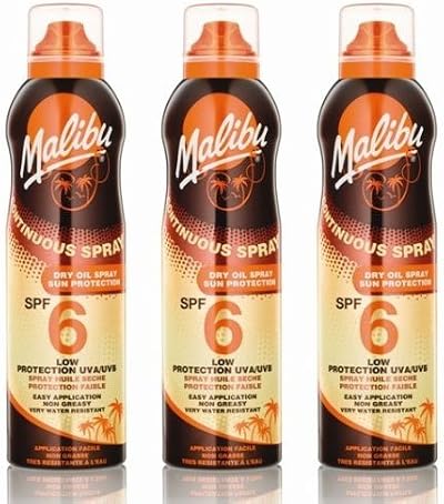 Malibu 3 Pack Continuous Dry Oil Spray SPF 6 Sunscreen 175ml Each