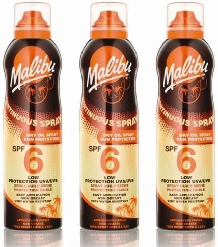 Malibu 3 Pack Continuous Dry Oil Spray SPF 6 Sunscreen 175ml Each