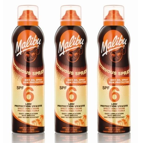 3 Malibu Aerosol Continuous Dry Oil Sprays SPF 6. Pack Contains 3 Bottles - 175ml Each