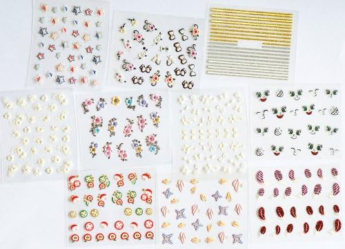 GGSELL GGSELL latest 3D new design hot selling nail sticker nail decal 10PCS/PACKAGE, the designs include feather/cartoon smiling face/colorful flowers/white flowers/stars/fruits/etc.