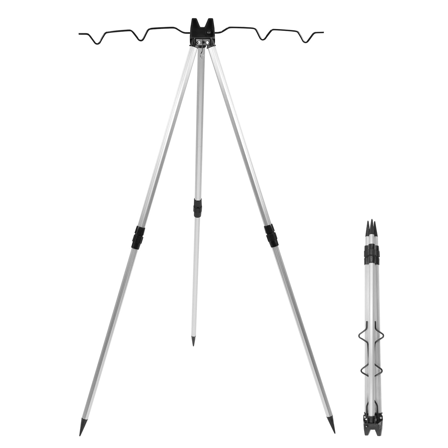 QWORK® Fishing Rods Tripod Stand for 4 Fishing Rods - Telescopic 70-105 cm - Aluminum Alloy - Anti-Rust Sea Beach Pier Shore Tackle Support