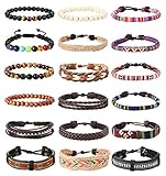 LOLIAS 18Pcs Leather Chakra Bead Tribal Bracelet for Men Women Charm Ethnic Wood Beaded Hemp Bracelets Boho Wristbands