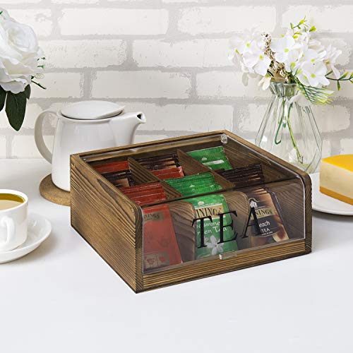 MyGift 6Slot Rustic Burnt Brown Wood Tea Bag Holder Box Storage Chest