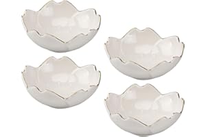 CATIEBYE 4pcs White Ceramic Cherry Blossom Vinegar Bowls Snack Plates Gold Rim, Kitchen Soy Sauce