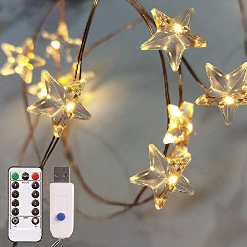 HannaHong Fairy String Star Shaped Light with Remote Timer,8 Modes,13Ft 40 LED Waterproof USB Operated, (White)