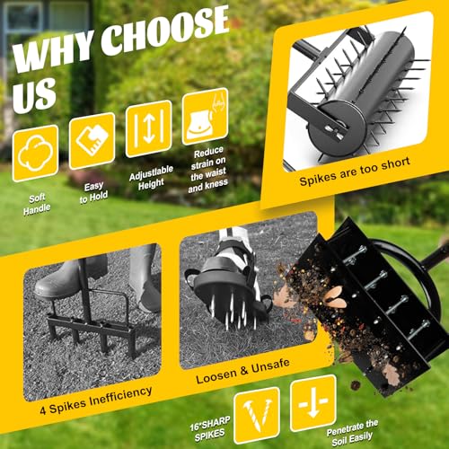 Lawn Aerator, Manual Garden Aerator for Lawn, Pre-Assembled 20 Iron Spikes, Adjustable T-Handle, Automatic Dirt and Leaf Clean Design, Garden & Grass aerator