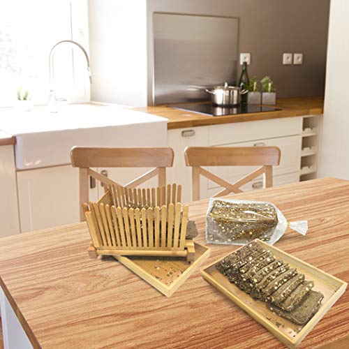 Bread Slicers for Homemade Bread with Crumb Catcher Tray, Compact Foldable Bamboo Bread Cutter Guide, 100 Bread Bags & 100 Twist Ties, Thickness Adjustable, Thick & Thin Slices 1/3", 3/8" and 1/2"