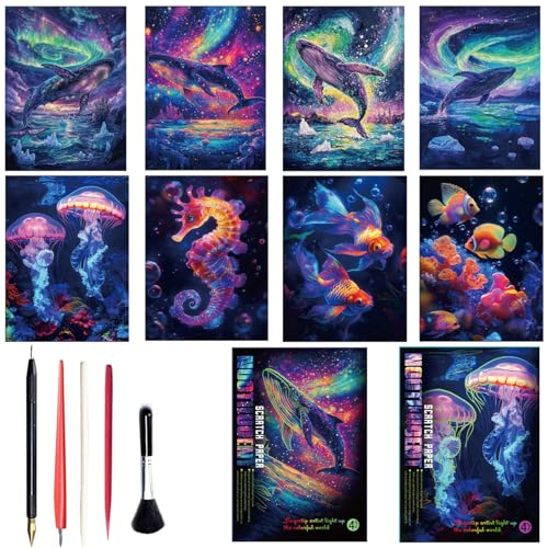 Georgie Porgy Scratch Paper Art Set for Kids Adults Magic Rainbow Scratchboards for DIY Arts and Crafts Kits Christmas Birthday Gift with Scratching Tools Kit (A4-Noctilucent Whale + Sea World)