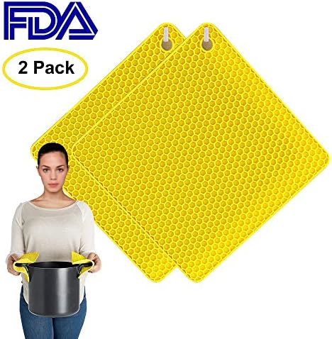 Samshow 4-in-1 Silicone Pot Holders,Trivet Mat,Jar Opener,Spoon rest,Flexible &amp; Durable,Heat Resistant Mat Square Honeycomb Pattern Set of 2(yellow)