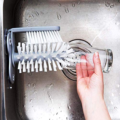 Perfect Life Ideas Plastic Water Bottle Cleaning Brush Scrubber Glass Cup Washer with Suction Base Bristle Brush for Beer Long Leg Cup Wine Glasses Kitchen Sink Cleaner -1 Pc Grey