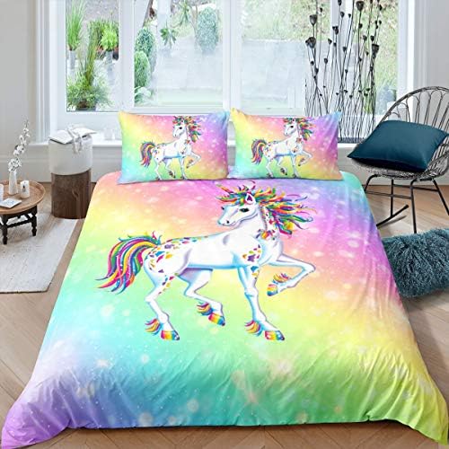 Erosebridal レインボーホース キュート 掛け布団カバー 子供 女の子 ギフト カートゥーン カラフル フル 定番から日本未入荷 寝具セット ガーリー 3ピース ピンクとブルー パステル キラキラ 枕カバー2枚 トレンディなベッドスプレッド