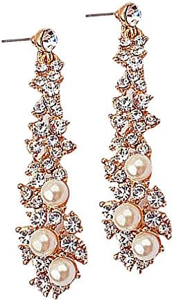 Discount Jewelry, Women's 18K Gold Plated Long Rhinestone Pearl imitation Evening Fashion Drop Earrings
