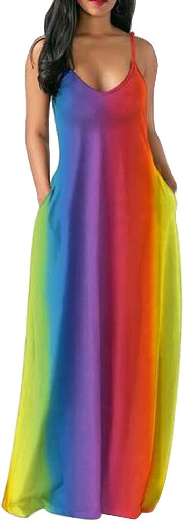 Women Maxi Dress Plus Size Rainbow Sleeveless V Neck Loose Long Dress with Pocket