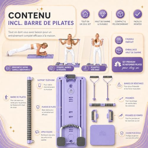 Yosana Pilates Board I Reformer for Home I Fitness Board 8 in 1 Foldable and Portable I Abdominal Trainer with Knee Cushion, Resistance Bands and Pilates Bar I Design