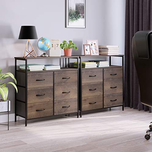 HOMECHO Fabric Dresser Chest with 6 Drawers, Wide Chest of Drawers with 2 Tier Wood Shelves