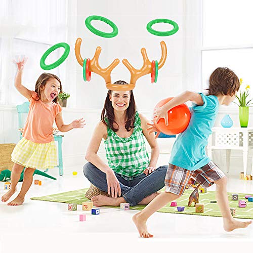 MeiGuiSha 3 Pack Inflatable Reindeer Antler Ring Toss Three-Player Holiday Favors Headband Game Toy for Kids Family Christmas Xmas Party(3 Antlers&12 Rings) - Thumbnail 2