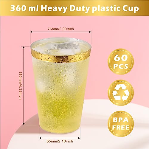 Hejo 60 Pieces Plastic Glasses with Gold Bordered Reusable Wine Glasses 360ml - 12oz, Plastic Cups Reusable for Cocktails, Champagne, Beer, Martini, Party But