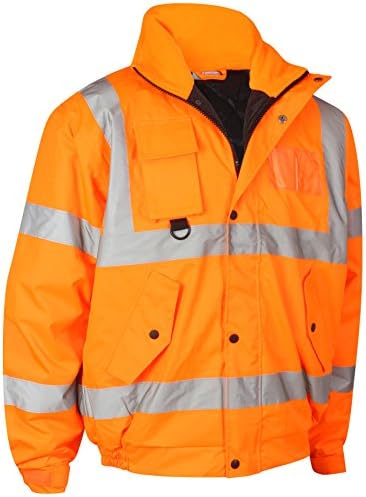 Mamanji Hi Vis Viz Security Safety Bomber Jacket Construction Storm Padded Waterproof Road Works Fluorescent Flashing EN471 Concealed Hood Quilted High Visibility Reflective