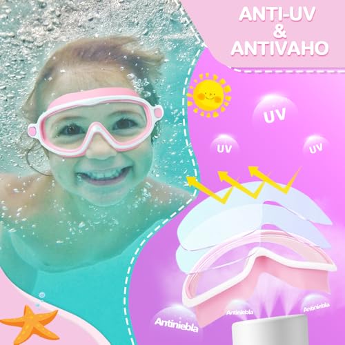 Gafas de Natación para Niños,2 Pcs Anteojos de Natación para Niños con Tapón para La Oídos y Clip para La Nariz,Swim Goggles Ajustable de Silicona,Protección UV,Sin Fugas,Antivaho Anteojos de Natación