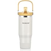 Nedyfix 32 Oz Tumbler with Handle Vacuum Insulated Water Bottle Stainless Steel Tumbler Car Reusable Cup Cold for 12 Hours-Beige White