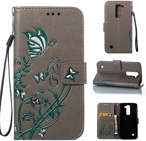LG K7 Case LG K8 Case, CUSKING Wallet Case Butterfly Flower Pattern Kickstand Shockproof Cover with Card Holder and Detachable Wrist Strap for LG K7 / K8 - Gray