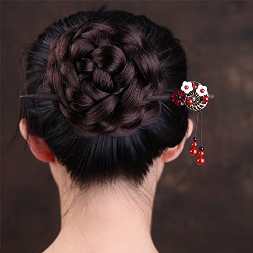 7inch- Wooden Hair Pin Chinese Lacquer Plum blossom Shell Hair Sticks Hairpin with Tassel Pearls Dangle Retro for Women Girls Long Hair Styling (Plum blossom)