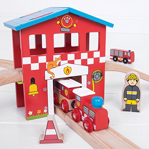 Bigjigs Rail Wooden Fire Station Train Set - 39 Play Pieces