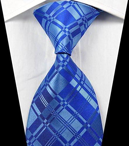 EXT Collectino 100% Silk Necktie, Classic Checked Blue Silver JACQUARD WOVEN Men's Suits Ties