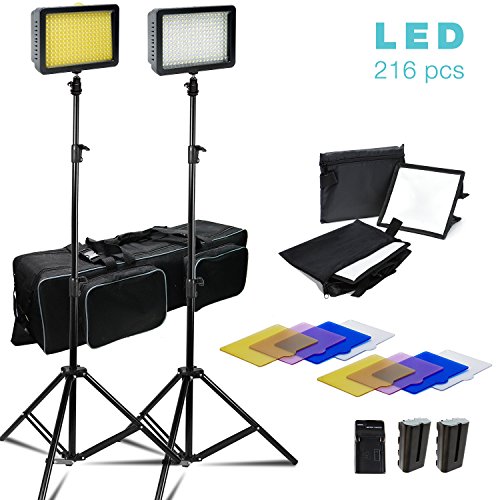 2 Sets of 216 LED Dimmable Ultra High Power Lighting Panel with Collapsible Light Diffuser, 4 Color Gel Filter Light Stand, Battery/Charger, and Carry Bag, Photo Video Light Kit, JSAG372