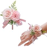 Jilukibo Pink Corsage and Boutonniere Set Prom Suit, Artificial Rose Flower Bridesmaid Wrist Corsage Wristband for Groom Groomsmen, Bride Bridal Hand Ribbon Bracelet for Wedding Party Decor (2 Pack)
