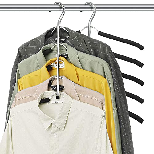 Arabest Hangers Space Saving, 2 Pcs 5 in 1 Magic Multiple Stainless Steel Metal Hanger, Multi Layer Hangers Non Slip Metal Foam Padded Clothes Hanger Coats Hangers for Household Space Saver (Black)
