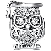 BOLENVI Crystallized Graduation Owl 925 Sterling Silver Pendant Charm Bead For Pandora & Similar Charm Bracelets or Necklaces