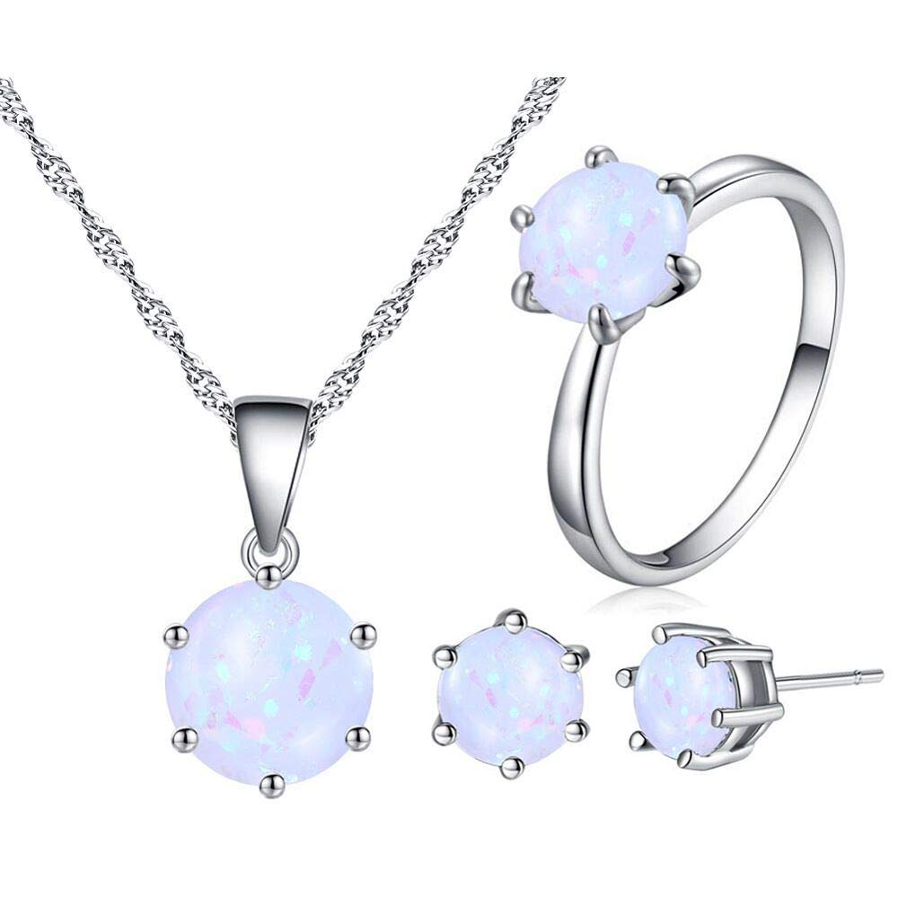 Uloveido Charm Platinum Plated Pendant Necklace Studs Earrings and Halo Ring Jewellery Set for Women Girls with Created White Fire Opal Stone Y436