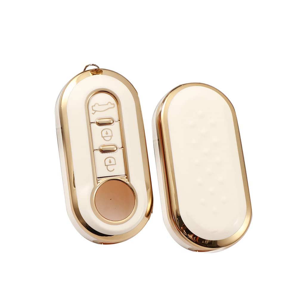 HIBEYO Flip Key Car Key Case Fits Fiat Key Case Silicone Protective Cover for Fiat 500 Panda Grande Punto Bravo Scudo Key Box Cover Case Remote Control 3 Buttons Gold White