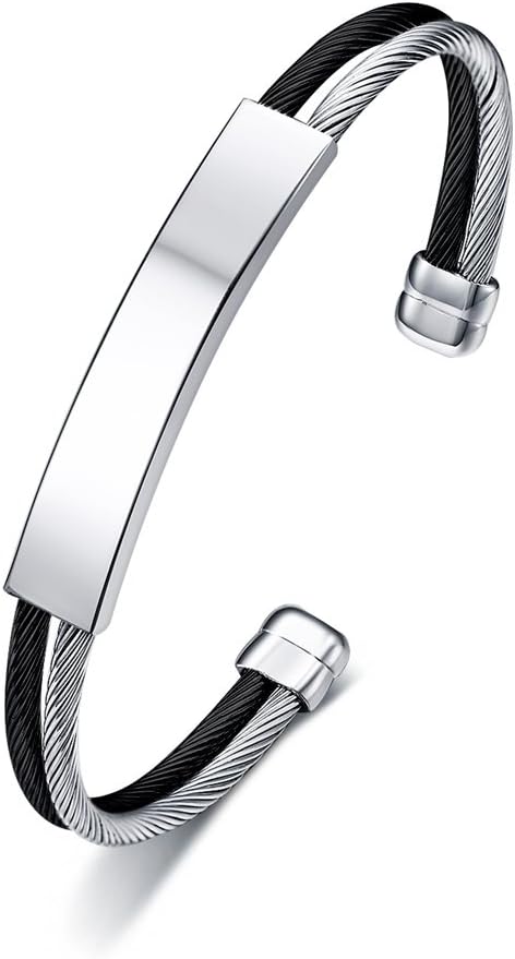 Joielavie Men Stainless Steel Open End C Shaped Double Layer Twisted Cable Wire Arc Tag Biker Cool Bracelet Bangle Cuff Jewellery Gift - Silver Black