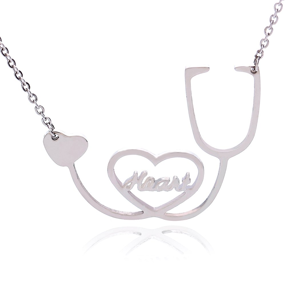 Medical Stethoscope Chain Necklace Stainless Steel Nurse Doctor Medical Stethoscope Jewelry Female Heart I Love You (Sliver)