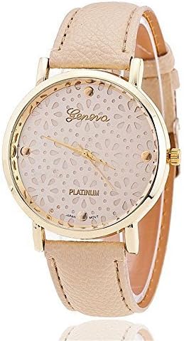 Women's Geneva Faux Leather Band Elegant Flower Casual Analog Quartz Wrist Watch-Beige