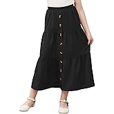 GORLYA Girls Casual Button Front Ruffle Hem Elastic High Waist Long Swing Tiered Maxi Skirt for 6-16Y