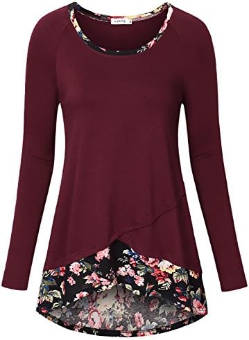 Lyking Women's Long Sleeve Scoop Neck Casual A Line Layered Floral Stitching Tunic Tops(XL,Burgundy)