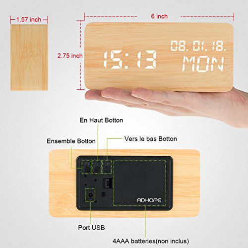 Led Digital Analog Alarm Clocks,Wooden Travel Clock with Time/Date/Week/Temperature/USB Desk Shelf Clocks, Sound Control Adjustable Brightness 3 Loud Alarm Clocks for Kids/Girls - Thumbnail 6